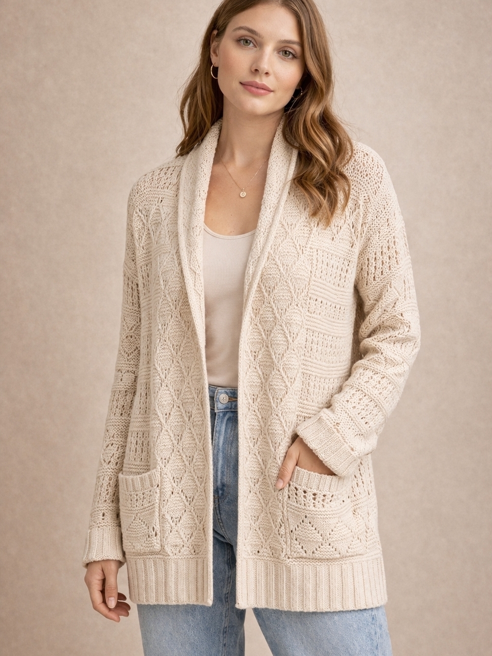 Eight Eight Eight Cream Crochet Cardigan Cotton Open Knit Boho Cottagecore L